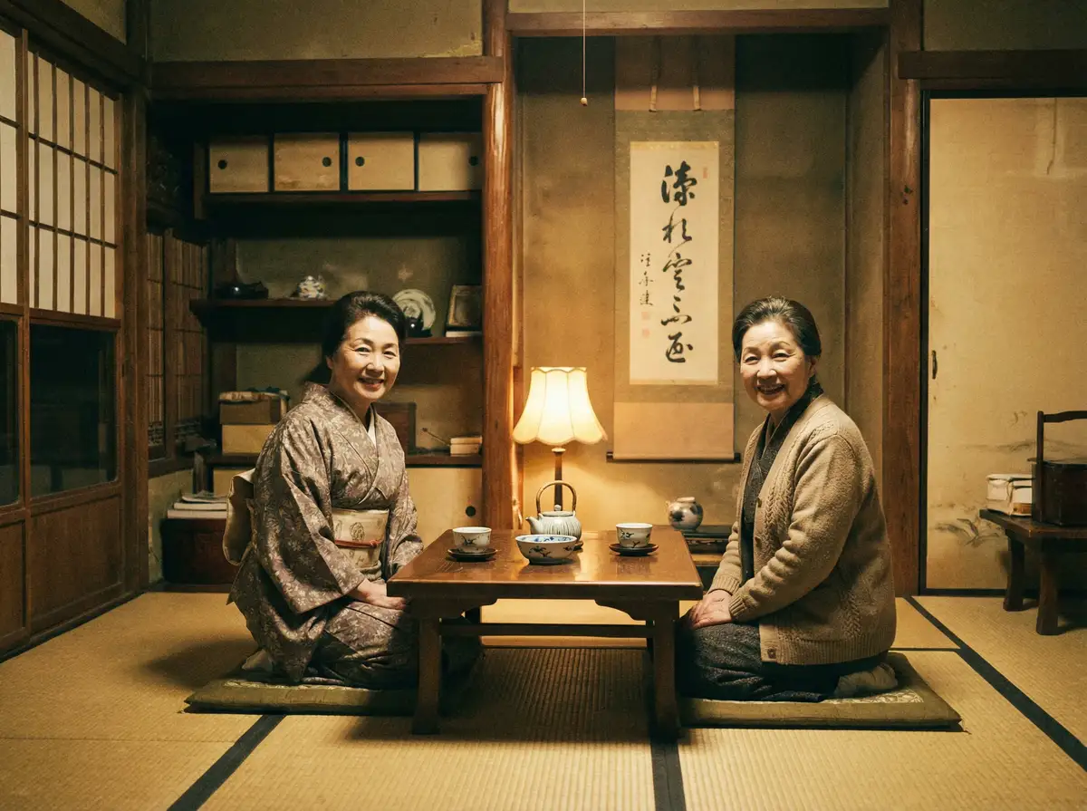 两位优雅的 御梦子 在日式茶室中品茶交谈